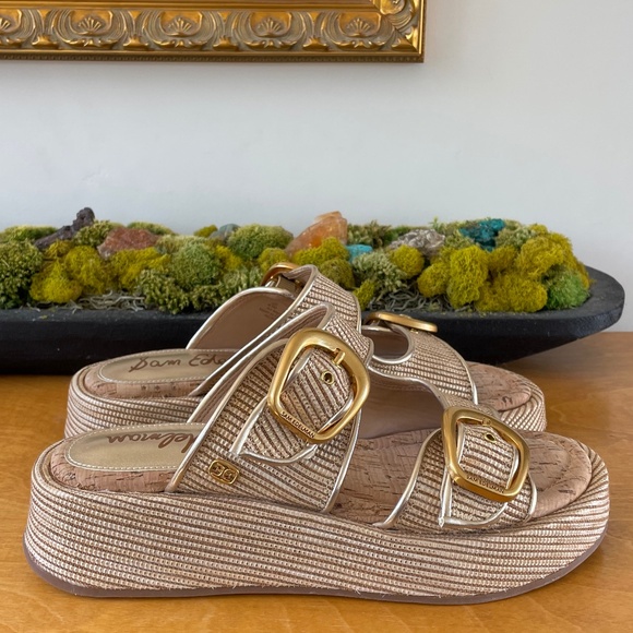 Sam Edelman Shoes - new Sam Edelman Nerissa Platform Summer Slide Sandals Raffia Gold Buckle Sz 8.5